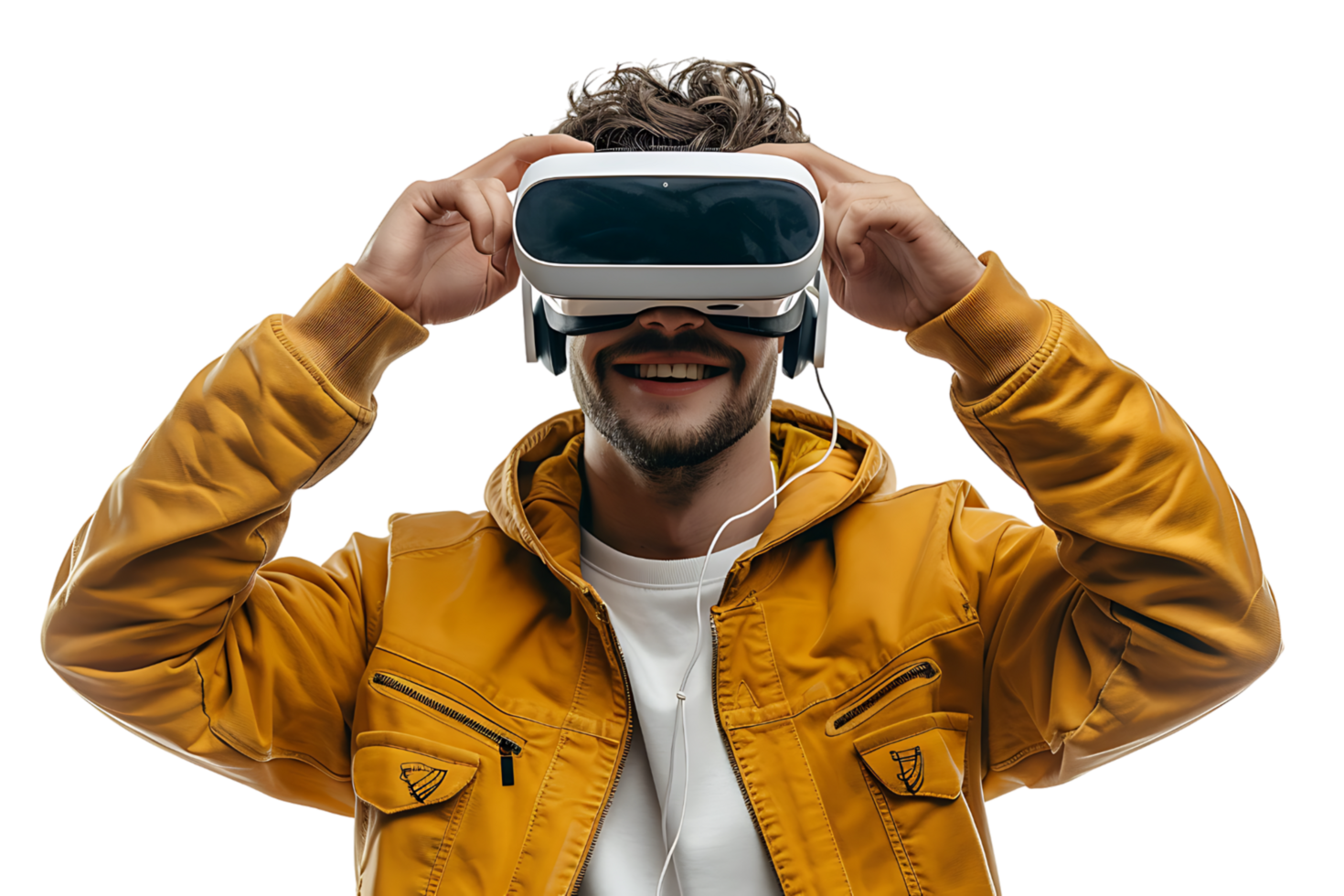 Man wearing virtual reality headset and playing game on isolated transparent background png