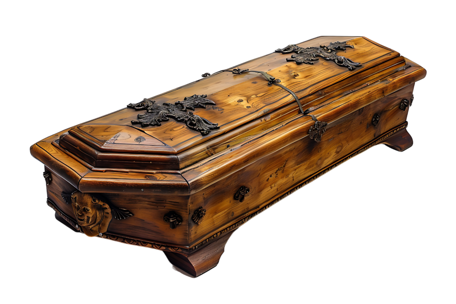 Opened wooden coffin on isolated transparent background png