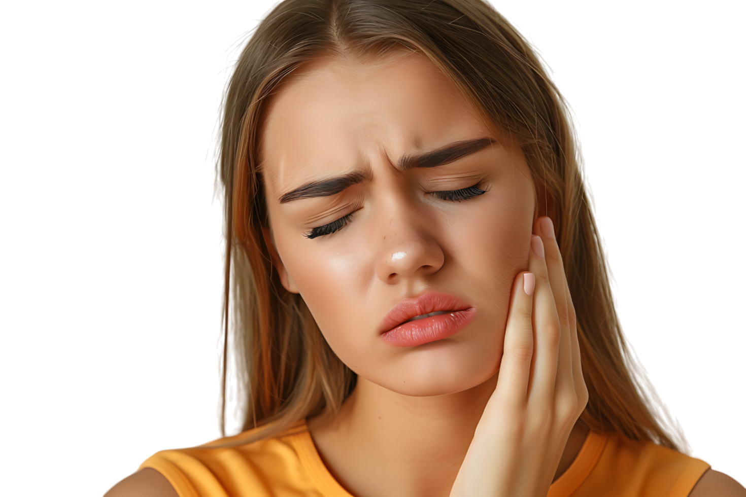 young male holding her cheek with hand, suffering from bad tooth ache on isolated transparent background png