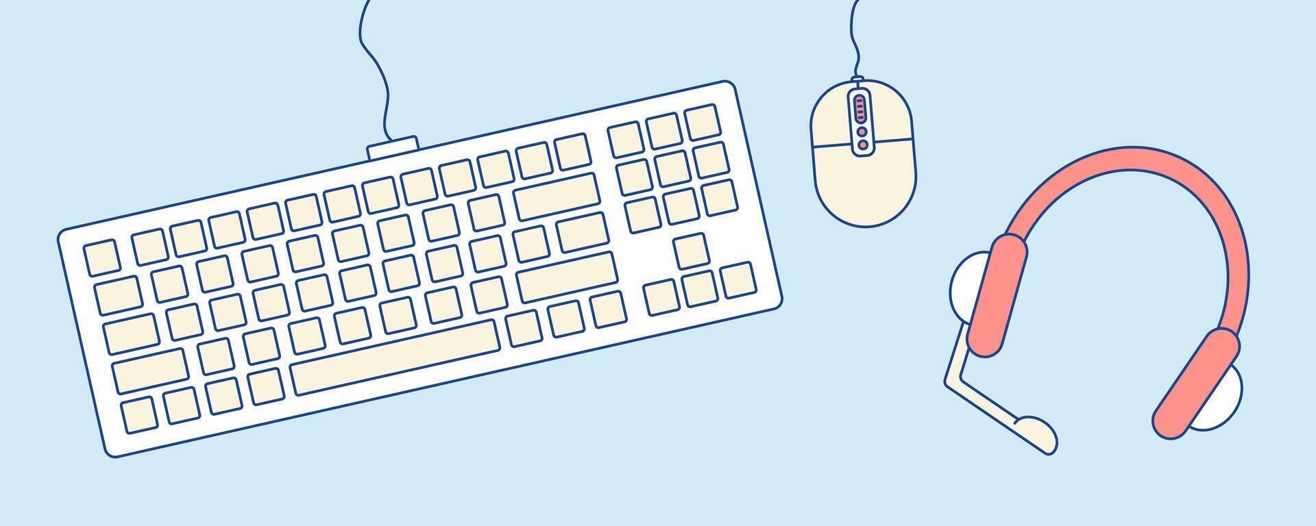 Keyboard, computer mouse, headset. Illustration Working office desk. View from above. Computer accessories. Gaming equipment. Technologies. Headphones. Technical support. Colored with outline. vector