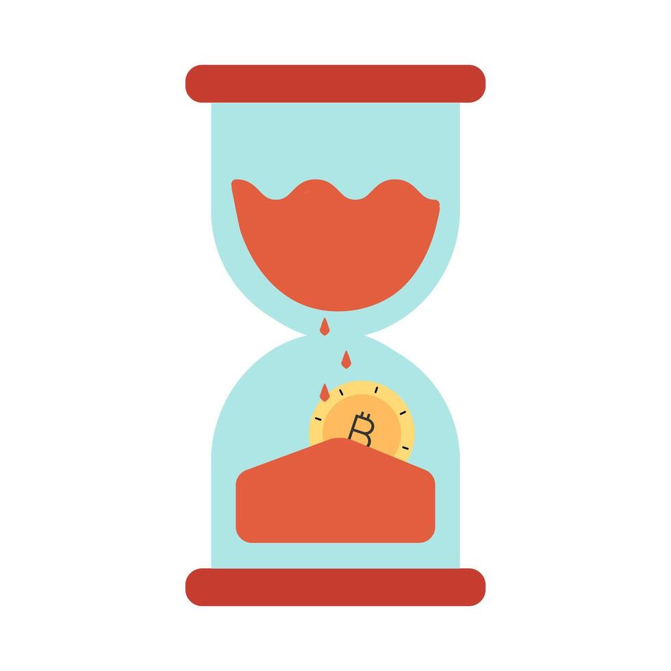 Bitcoin decline. Hourglass with a buried coin. Concept of Cryptocurrency Fall. Sand drops gold coin. Time forgot mining. Old watch. Isolated object. Color image. illustration. vector