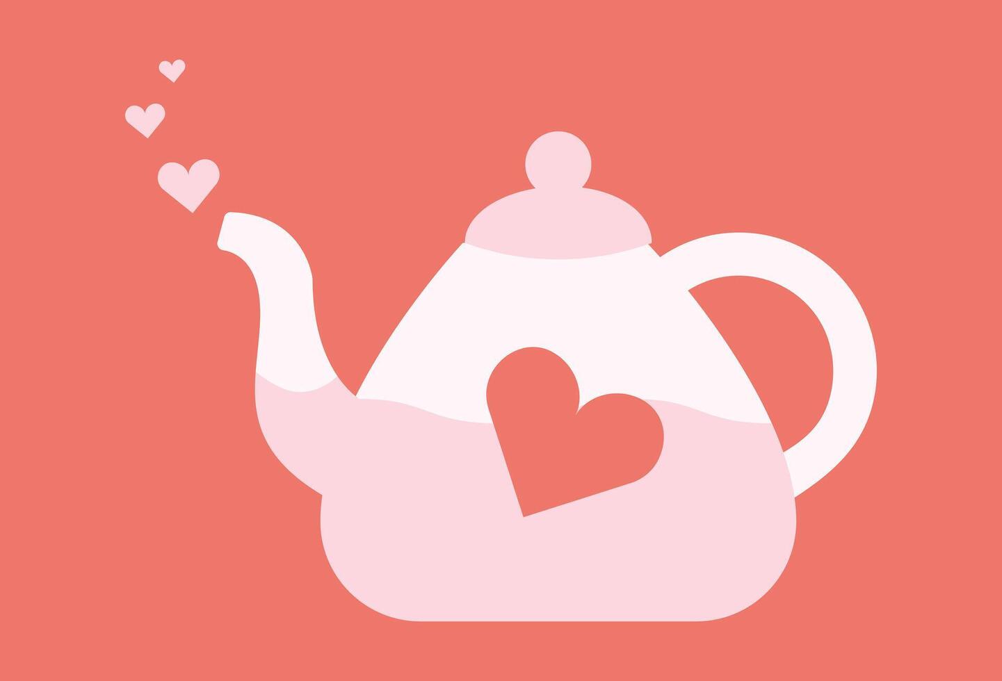 Teapot with heart shape. Tea made with love. Kettle. Hot drink. Kitchen utensils. Drinking break. Liquid. Isolated object. Valentine Day. Color image - pink, red. Flat style. illustration. vector