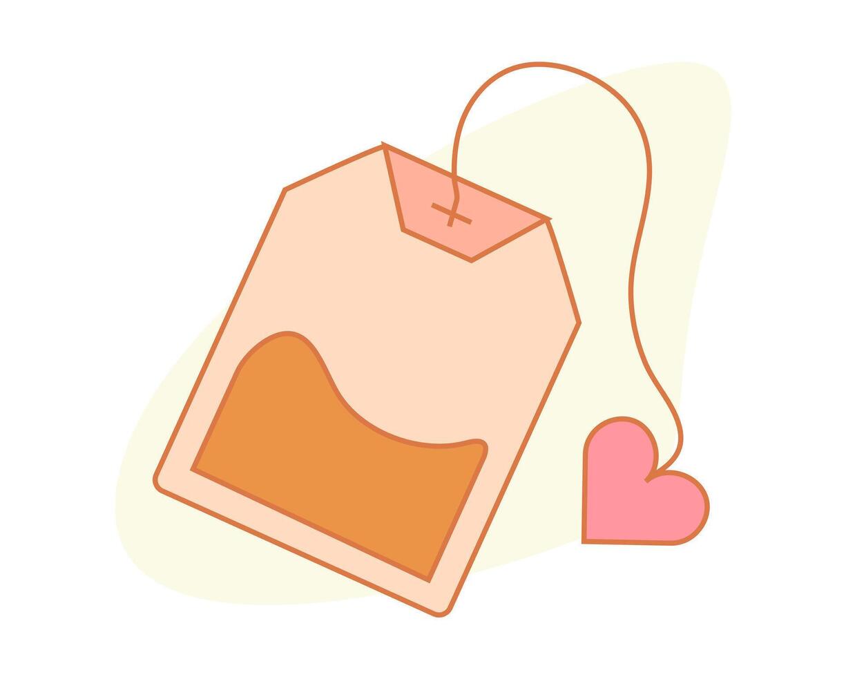 Tea bag with heart label. Love Tea Party. Time Break. Brew disposable sachet. Valentine day holiday item. Color image with outline. Isolated object. Flat style. illustration. vector