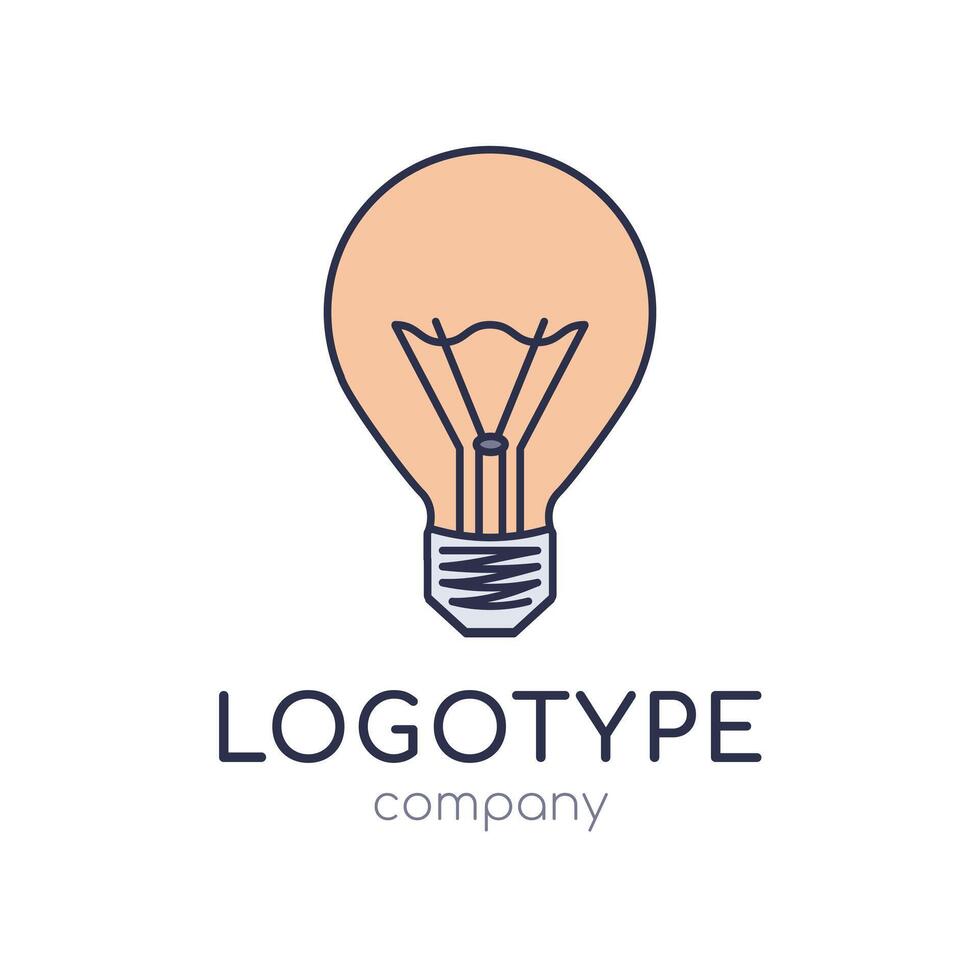 Lamp company logo. Simple Light Bulb. Electricity. Light source. Idea and thought concept. Invention. Flat minimal design. Color image with outline - blue and yellow. illustration vector