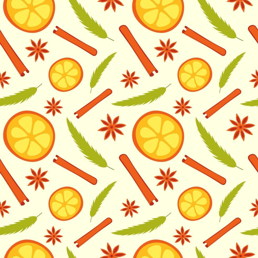 Piece of orange, cinnamon, Christmas tree. Seamless Christmas spice pattern. Citrus, star anise, cinnamon stick. New Year holiday print. Coniferous branch and fruit. Color image. illustration vector
