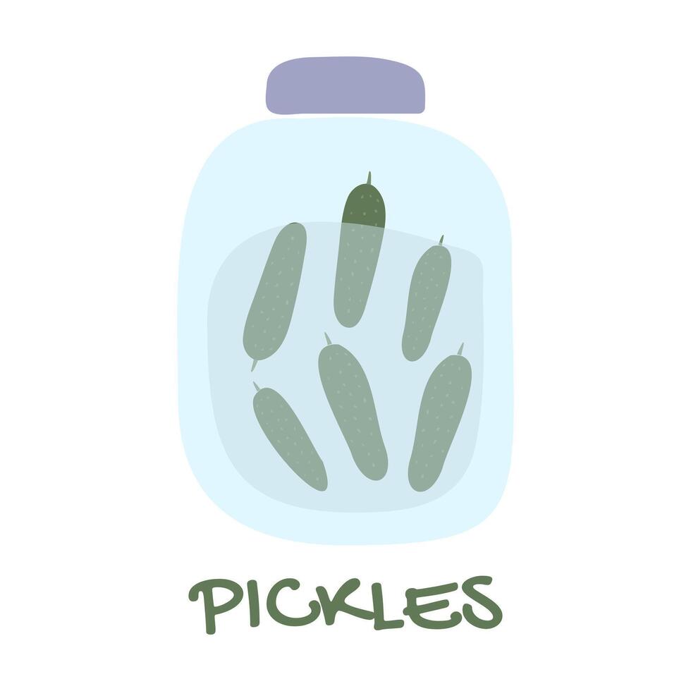 Pickles. Canning small cucumbers in a glass jar. Marinated. Salty. Cooking Home Canned Vegetables. Homemade. Natural vegan food. Doodle style. Preparation. Color image. illustration. vector