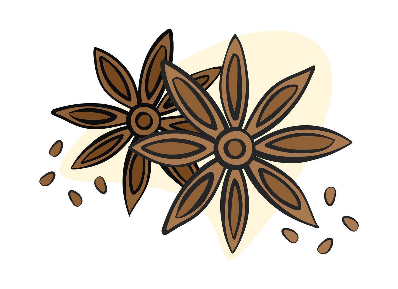 Illustration Anise stars and seeds. Cinnamon on a white background. Aromatic Seasoning for Baking. Spices for mulled wine. Condiment Color image with outline. Flat style. illustration vector