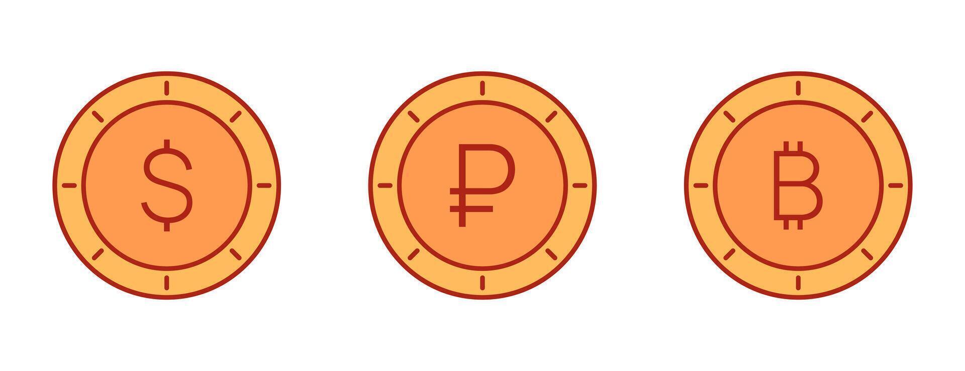 Set Gold coins of dollar, ruble and bitcoin. Foreign and virtual currencies. Money, cash, finance. Isolated objects. Color image with outline. illustration. vector