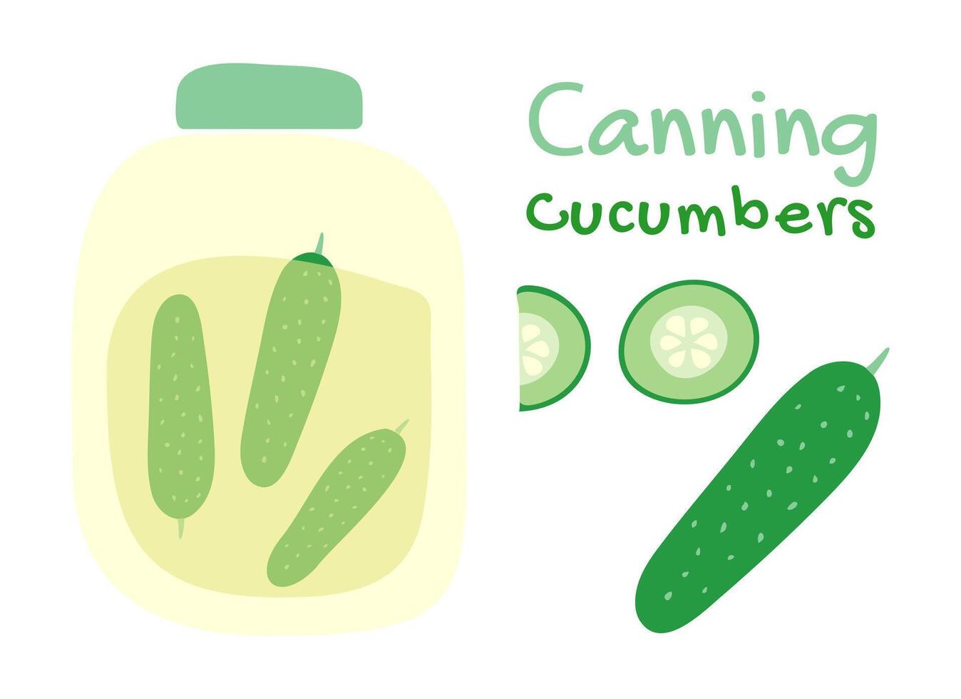 Canning cucumbers. Preserving green vegetables in a jar. Fresh cucumber slice. Homemade pickles for the winter. Preparing canned food. Natural vegan food. Doodle. Color image. illustration. vector