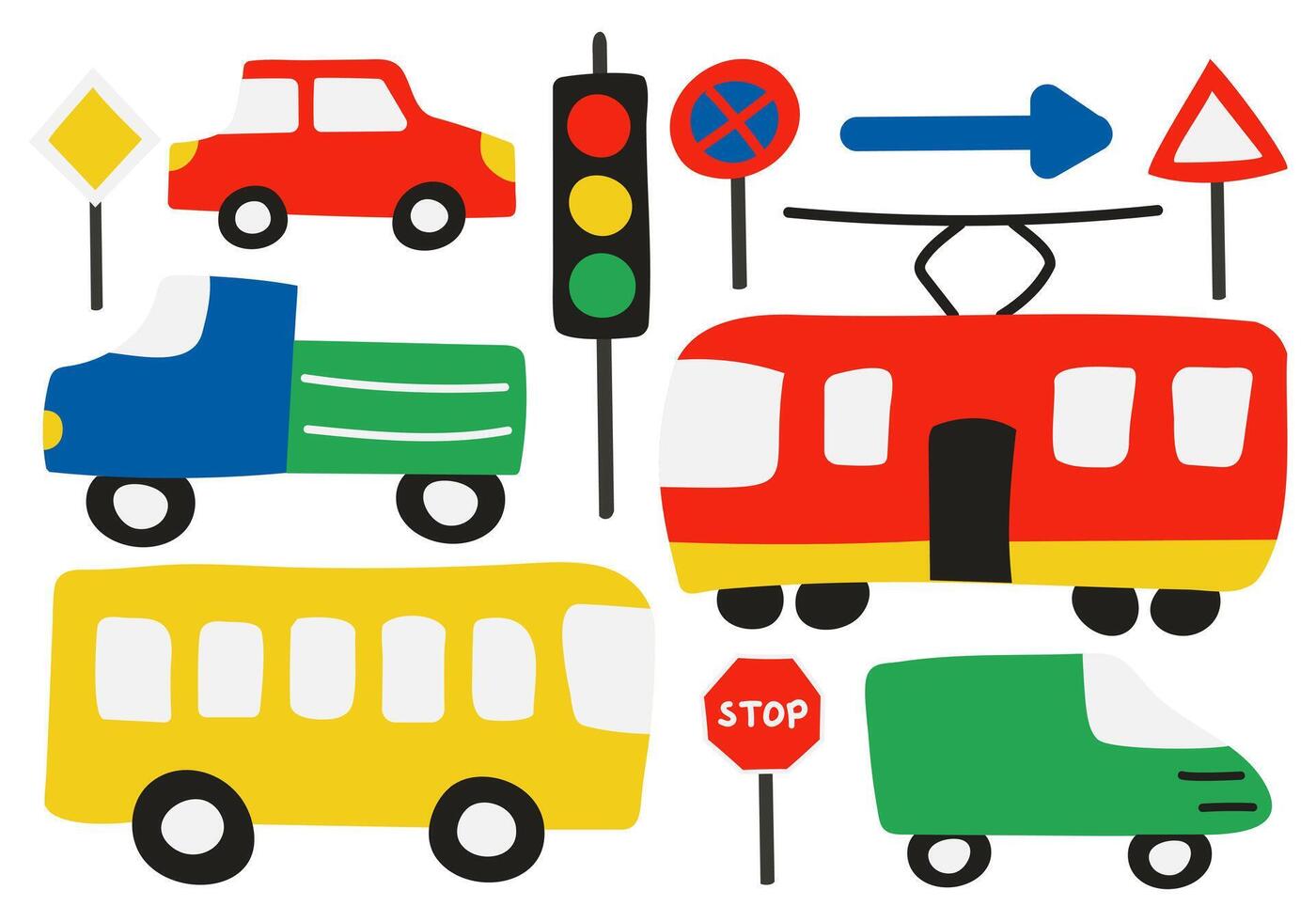 Set of transport and Traffic signs for Child. Cars, van, truck. Public Transport - bus and tram. Stop sign and traffic light. Side view. Variations. Bright colors. Doodle style. illustration vector