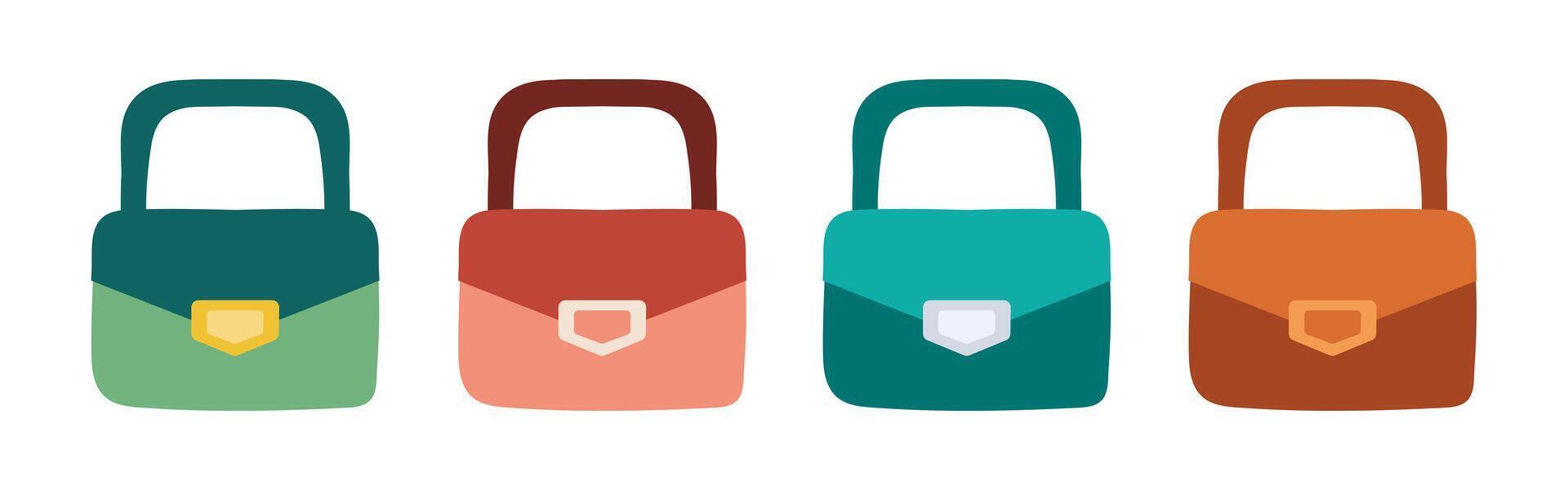 Set of small Women Handbag in different colors. Ladies mini compact bag with metal clasp. Clutch, purse with handle. Fashionable accessory made of eco leather. Glamorous style. illustration. vector