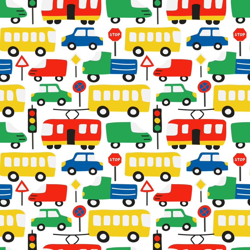Road pattern - cars, traffic lights, road signs. Child drawn. Bus, sedan, truck. Public and personal transport. Side view. Regulation. Driving around city. Vibrant color image. illustration vector