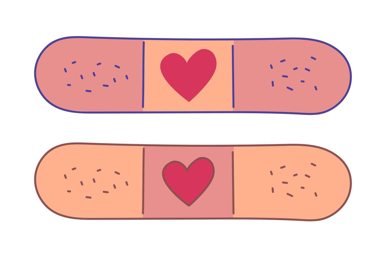 Set of plaster with a heart. Heal with love. Patches. Quick help. Band-Aid. Concept care. Doodle style. Isolated medical objects. Color image with outline. illustration. vector