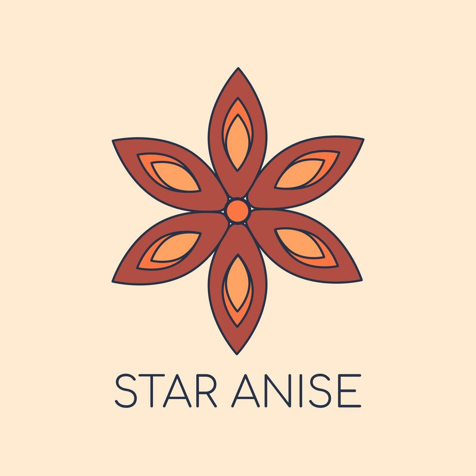 Geometric Star Anise Illustration with text. Symmetrical symbol Cinnamon. Aromatic Seasoning for Baking. Mulled wine spices. Condiment logo Color image with outline. Flat style. illustration vector