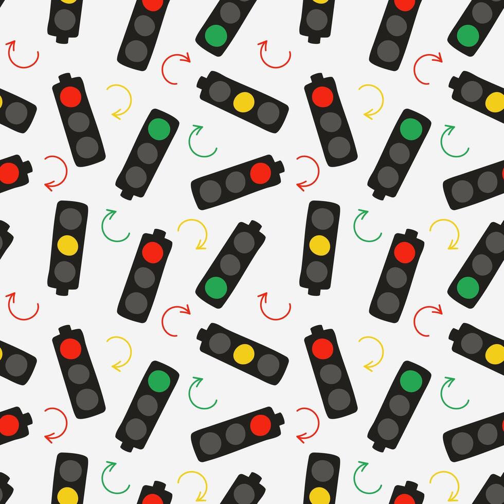 Pattern Traffic light and arrows. Green, yellow and red light. Road. Stop, go and wait signal. Circular arrows. Traffic regulation. Color image. Driving. Flat style. illustration vector