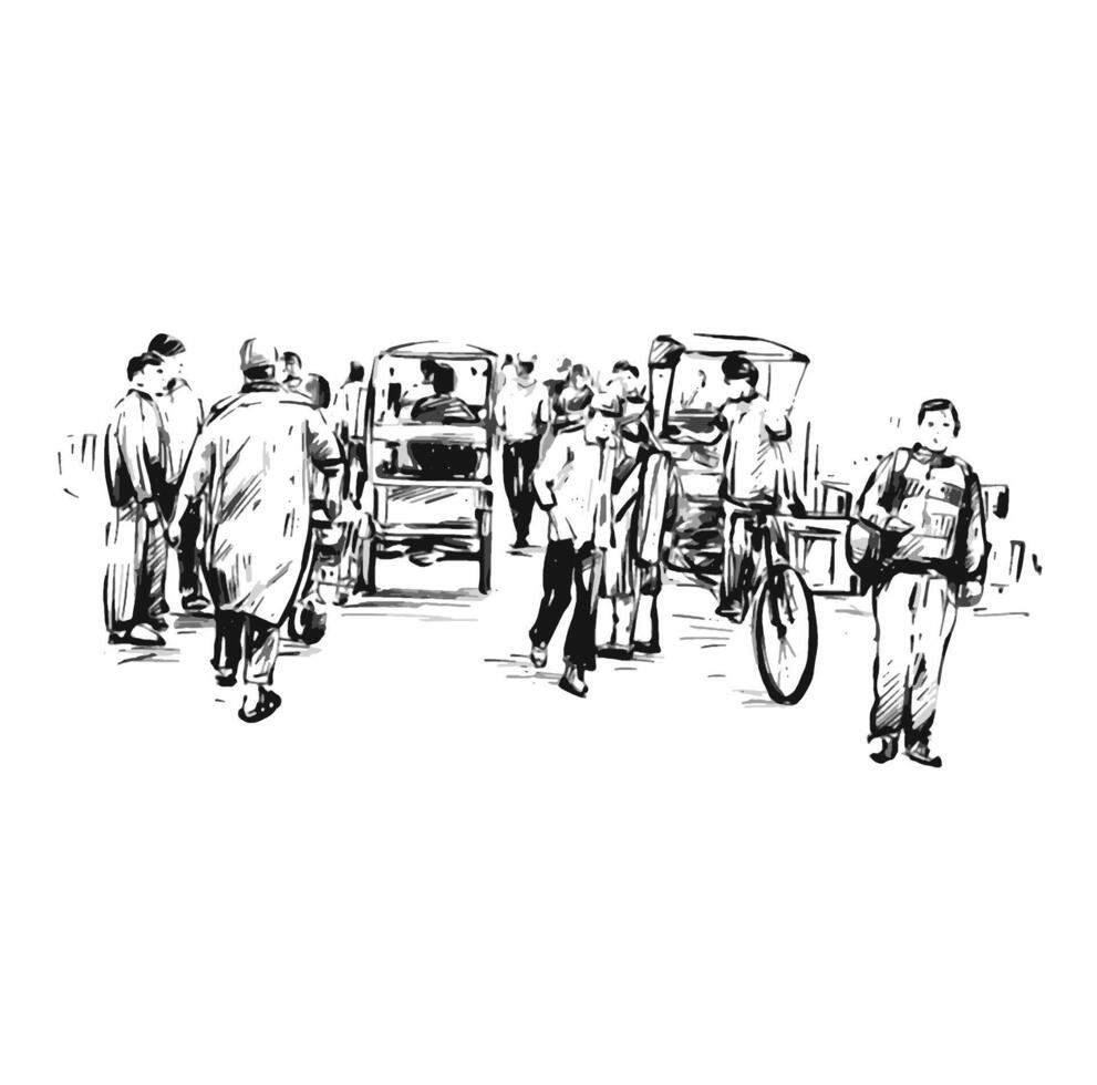 Drawing of people walking at local market in India vector