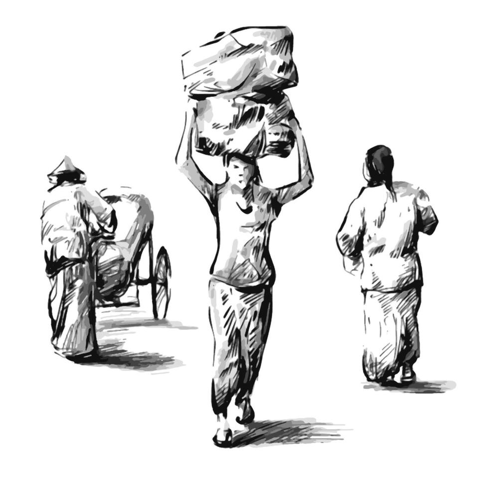 Drawing of the Myanmar womens worker vector