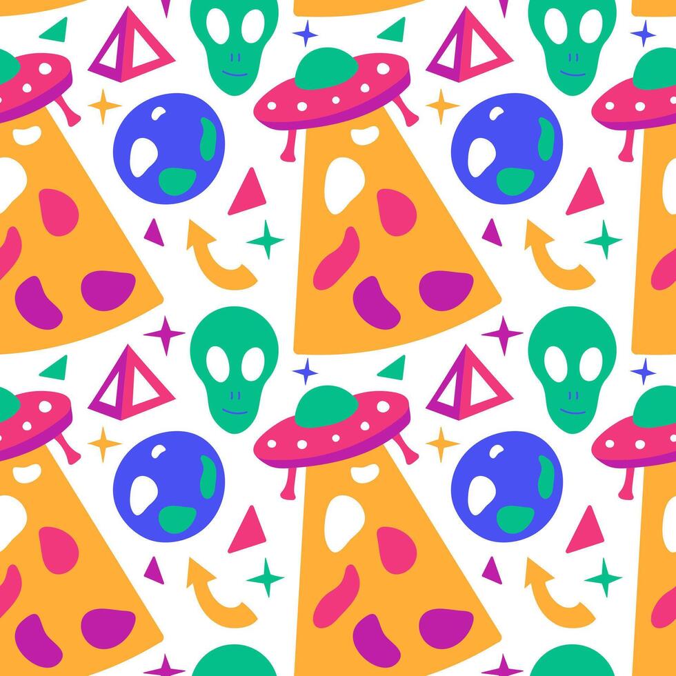 Space pattern on a white background for children. Seamless UFO print. Flying saucer, alien, planet. Galaxy, stars and earth. Direction Arrow. Vivid Color Image. Doodle style. illustration. vector