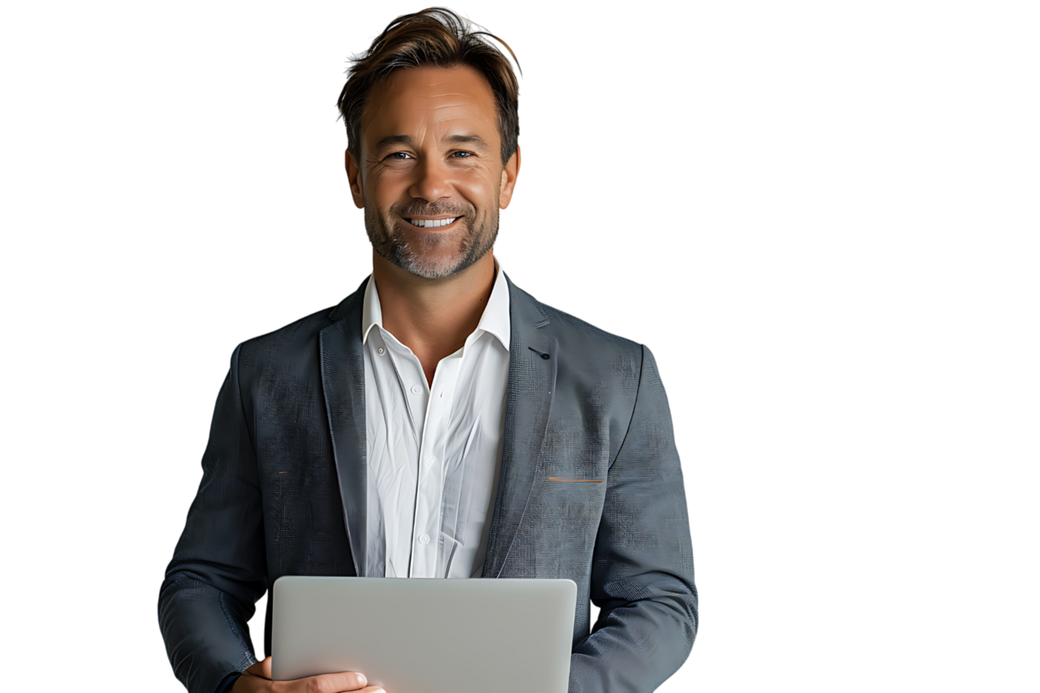 Young man standing holding laptop and looking at camera on isolated transparent background png