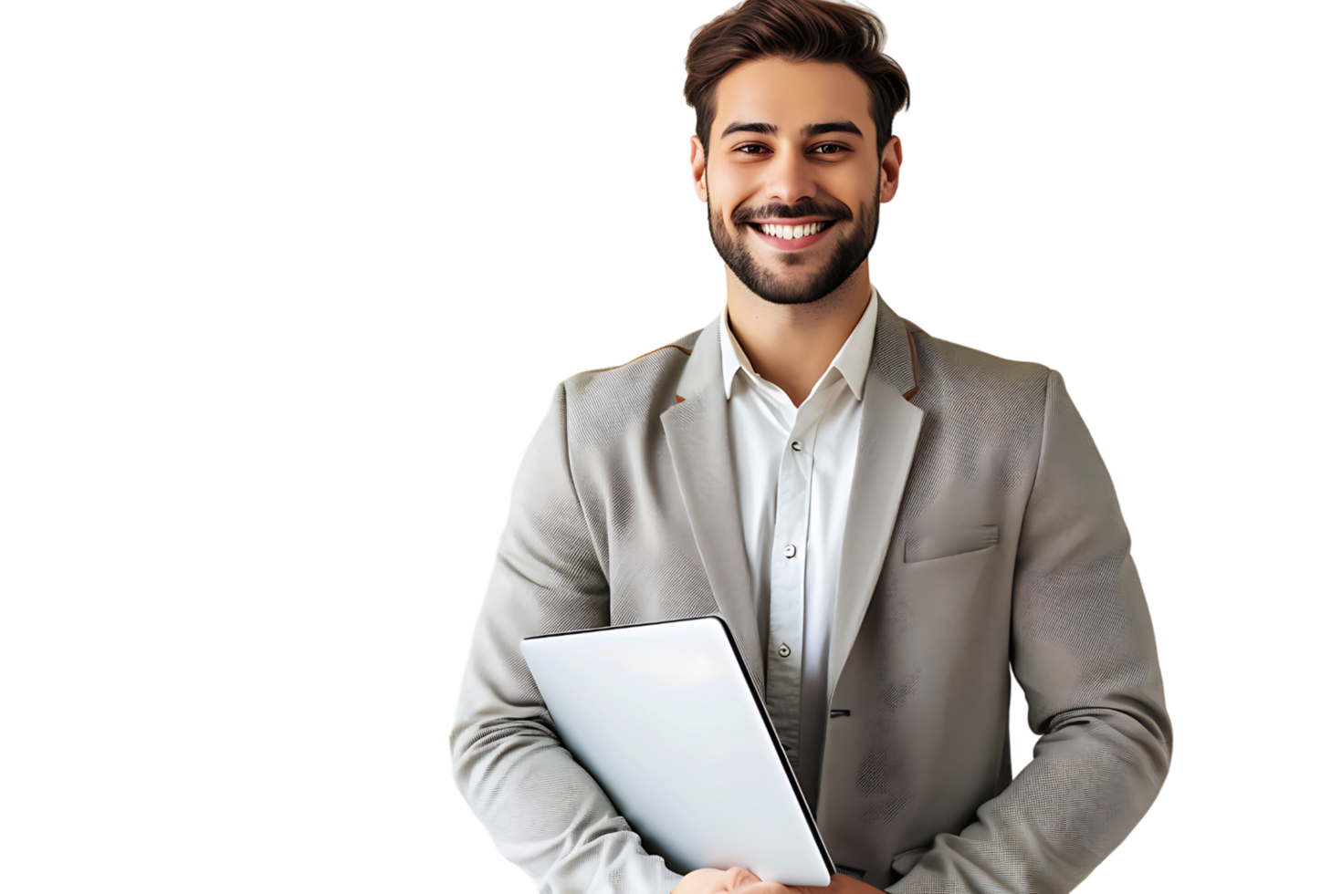 Young man standing holding laptop and looking at camera on isolated transparent background png