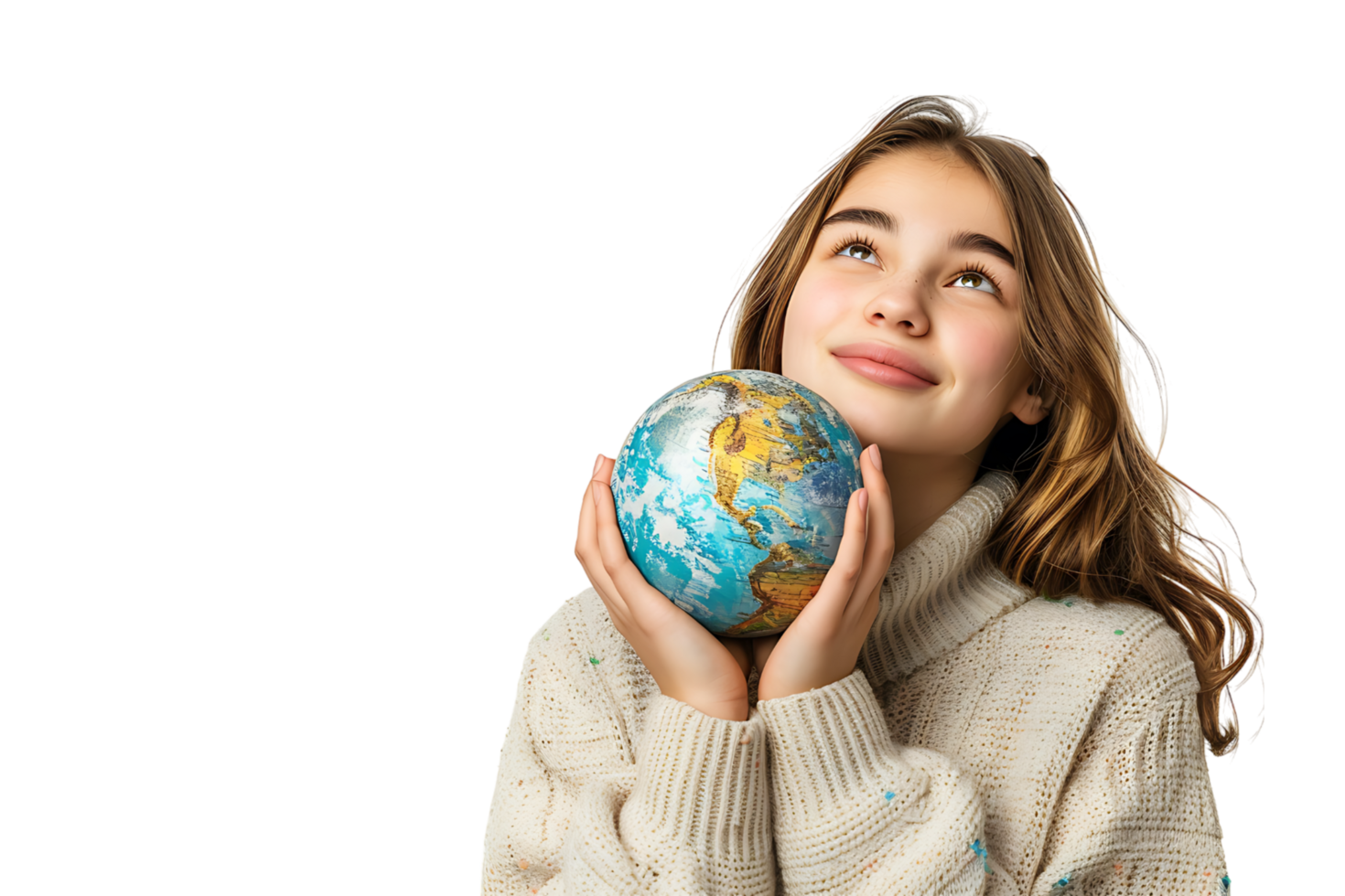 Young female dreaming and holding globe with one hand on isolated transparent background png