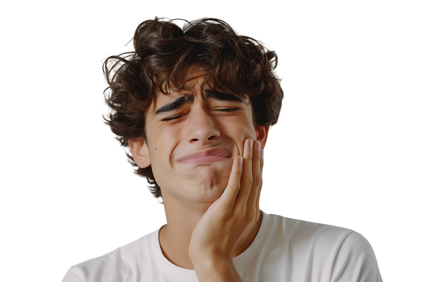 young male holding her cheek with hand, suffering from bad tooth ache on isolated transparent background png
