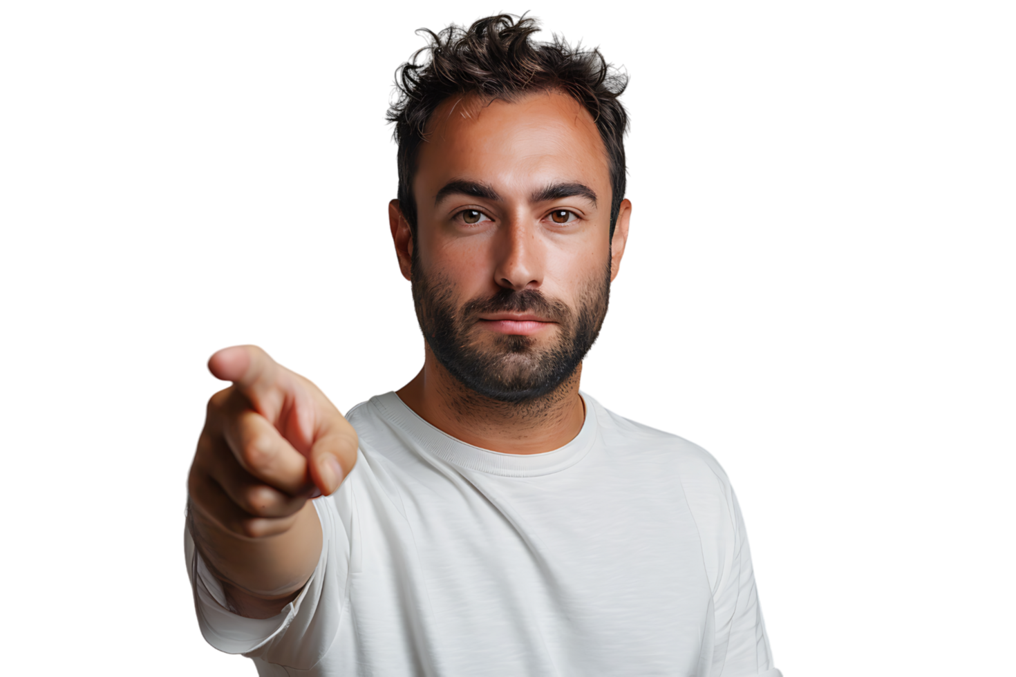 Portrait of man pointing at camera on isolated transparent background png