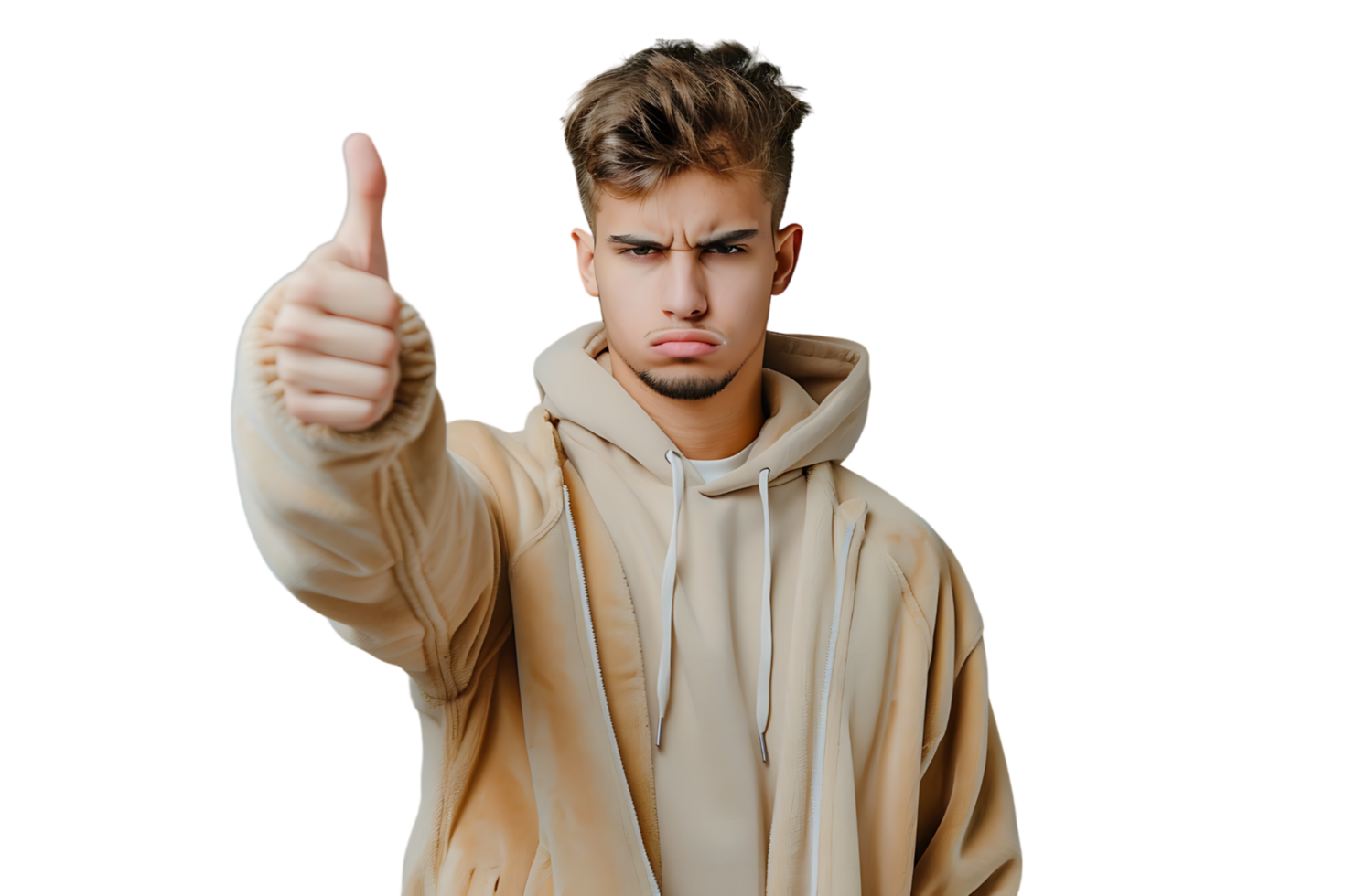 Unhappy man doing thumbs up on isolated transparent background png