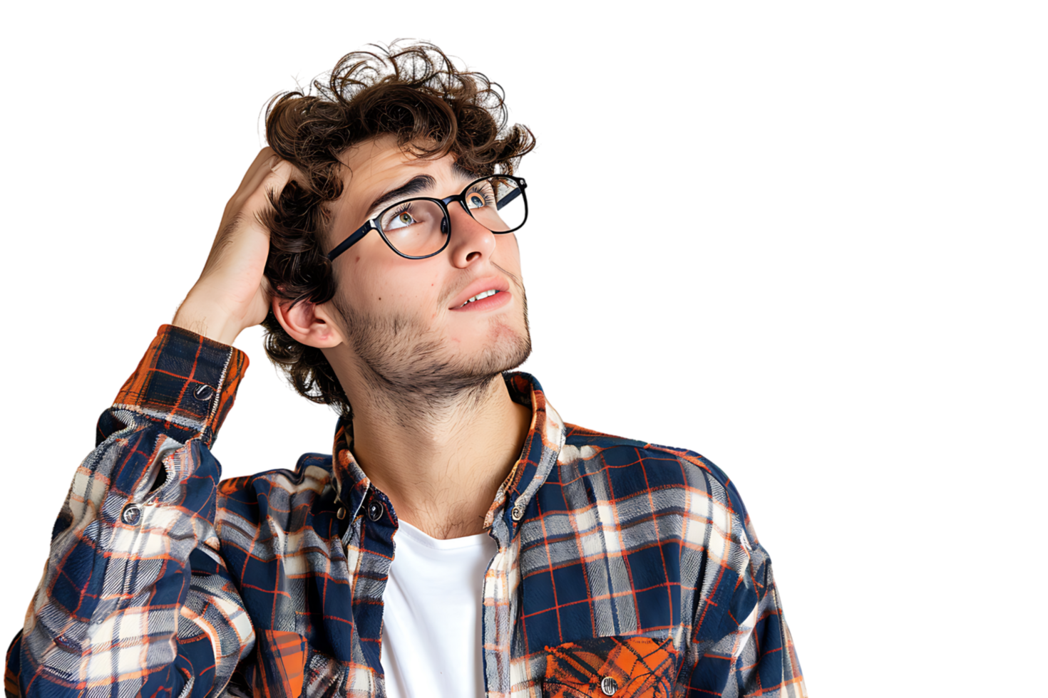 Young doubtful man thinking, scratching head and trying to find solution on isolated transparent background png