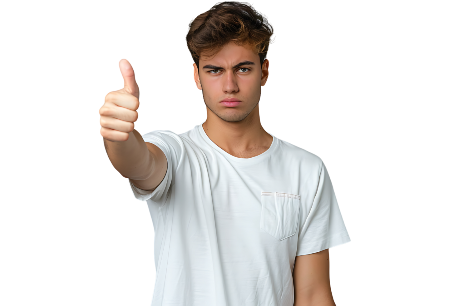 Unhappy man doing thumbs up on isolated transparent background png