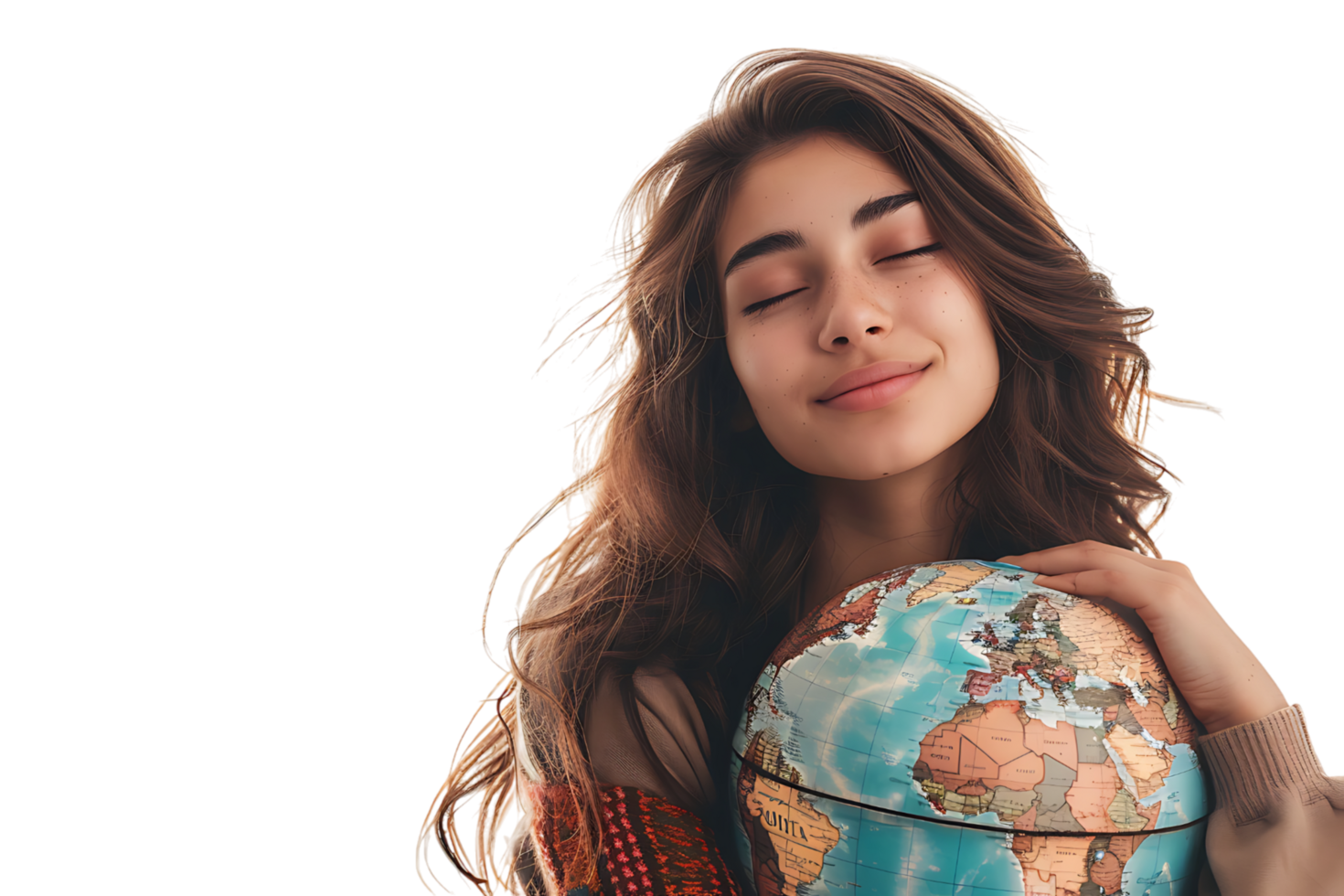 Young female dreaming and holding globe with one hand on isolated transparent background png