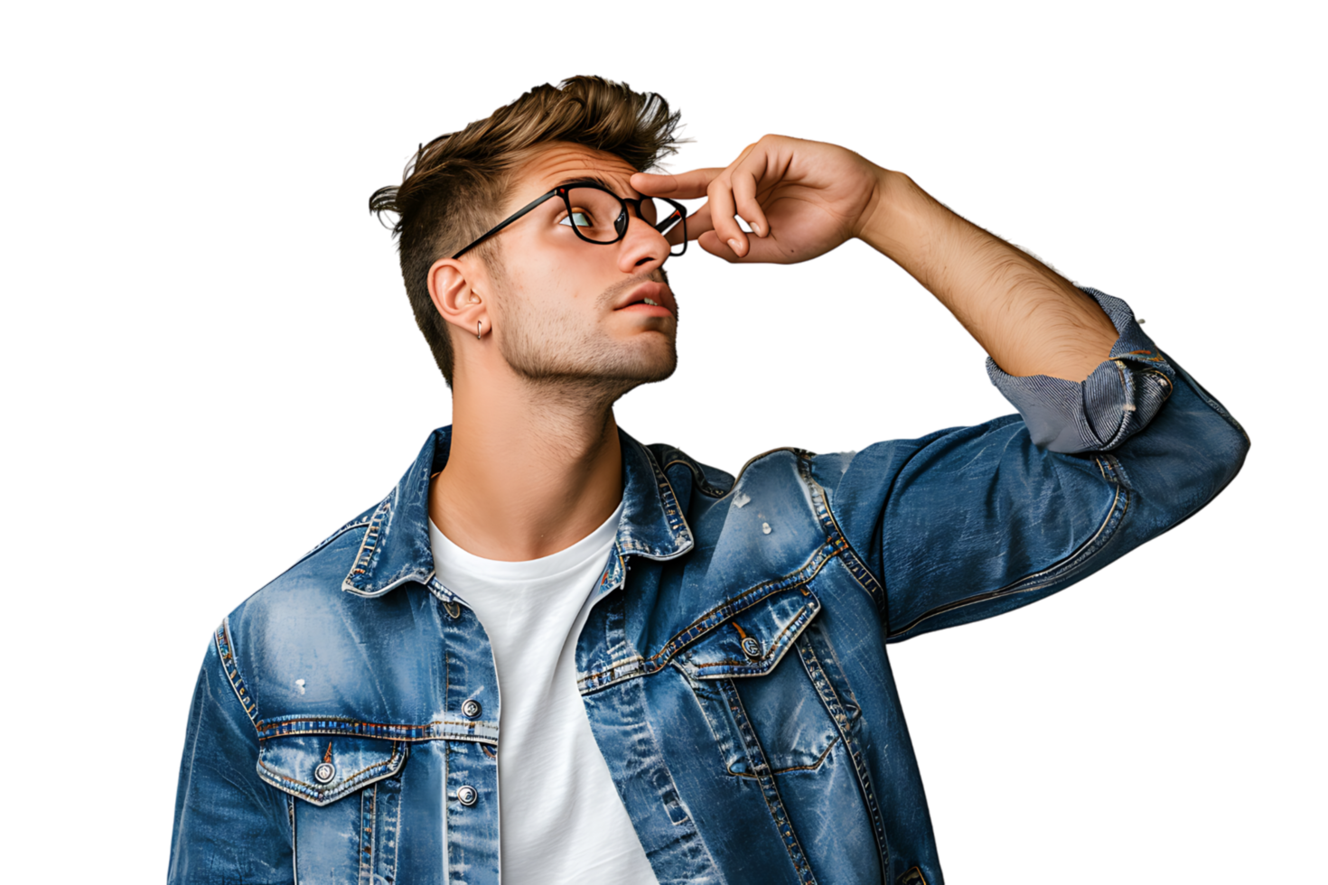 Young doubtful man thinking, scratching head and trying to find solution on isolated transparent background png