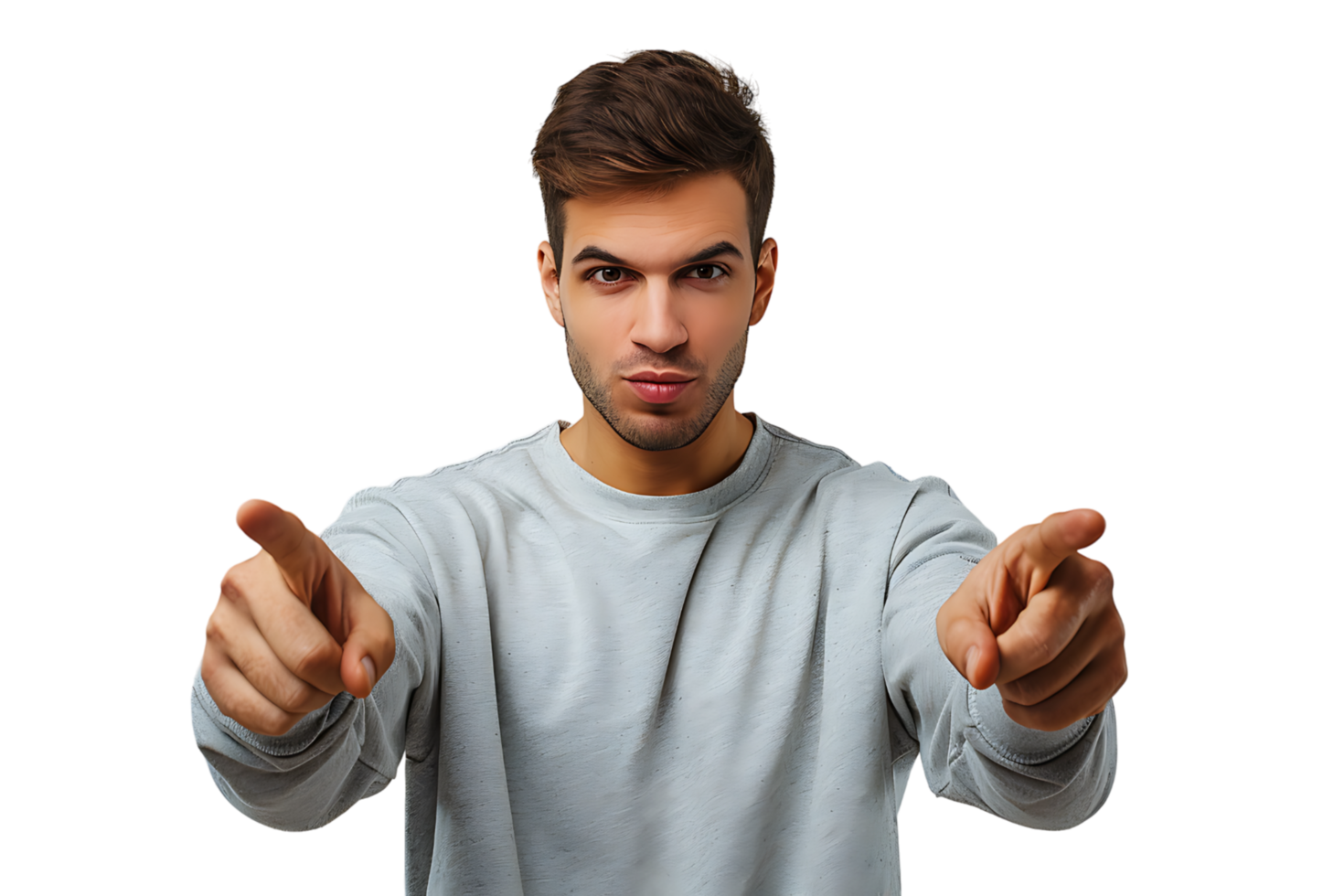 Portrait of man pointing at camera on isolated transparent background png