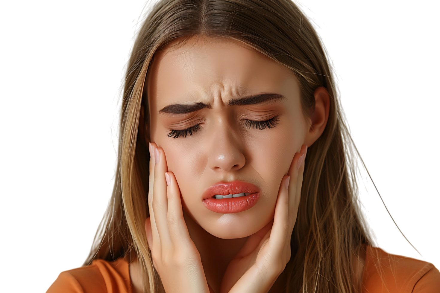 young male holding her cheek with hand, suffering from bad tooth ache on isolated transparent background png