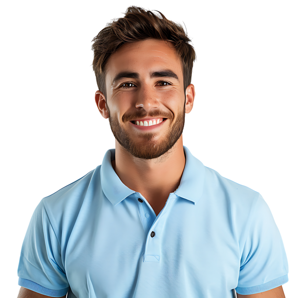 Close up portrait of young smiling handsome man in blue polo shirt on isolated transparent background png
