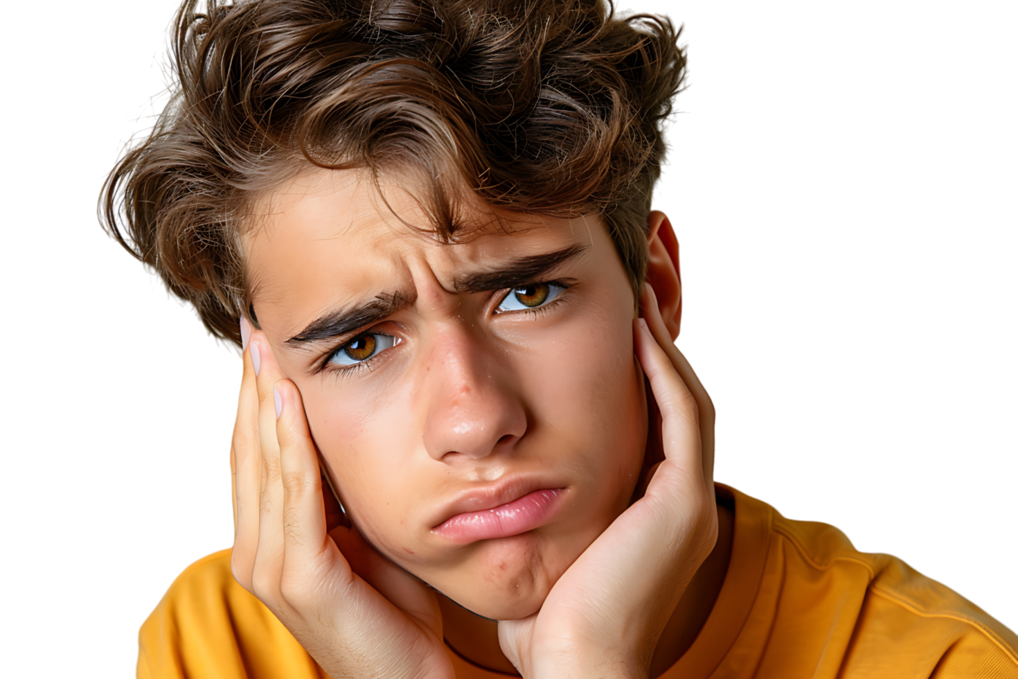 Jeune Masculin en portant sa joue avec main, Souffrance de mal dent mal sur isolé transparent Contexte png
