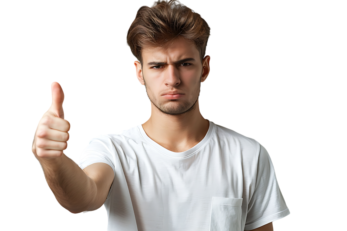 Unhappy man doing thumbs up on isolated transparent background png