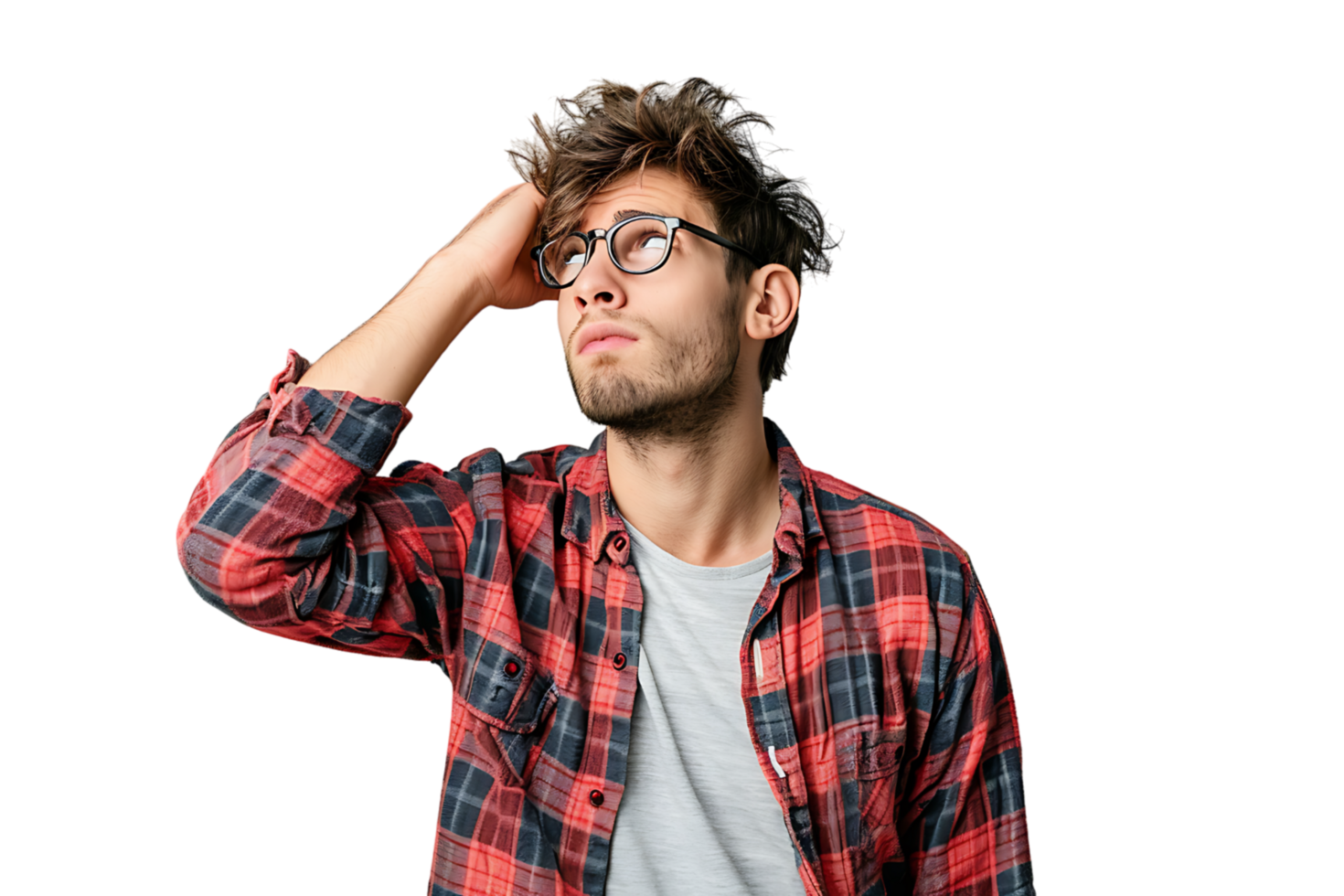 Young doubtful man thinking, scratching head and trying to find solution on isolated transparent background png