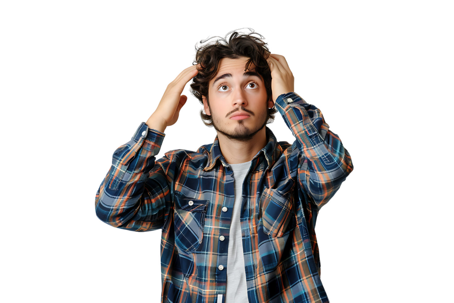Young doubtful man thinking, scratching head and trying to find solution on isolated transparent background png
