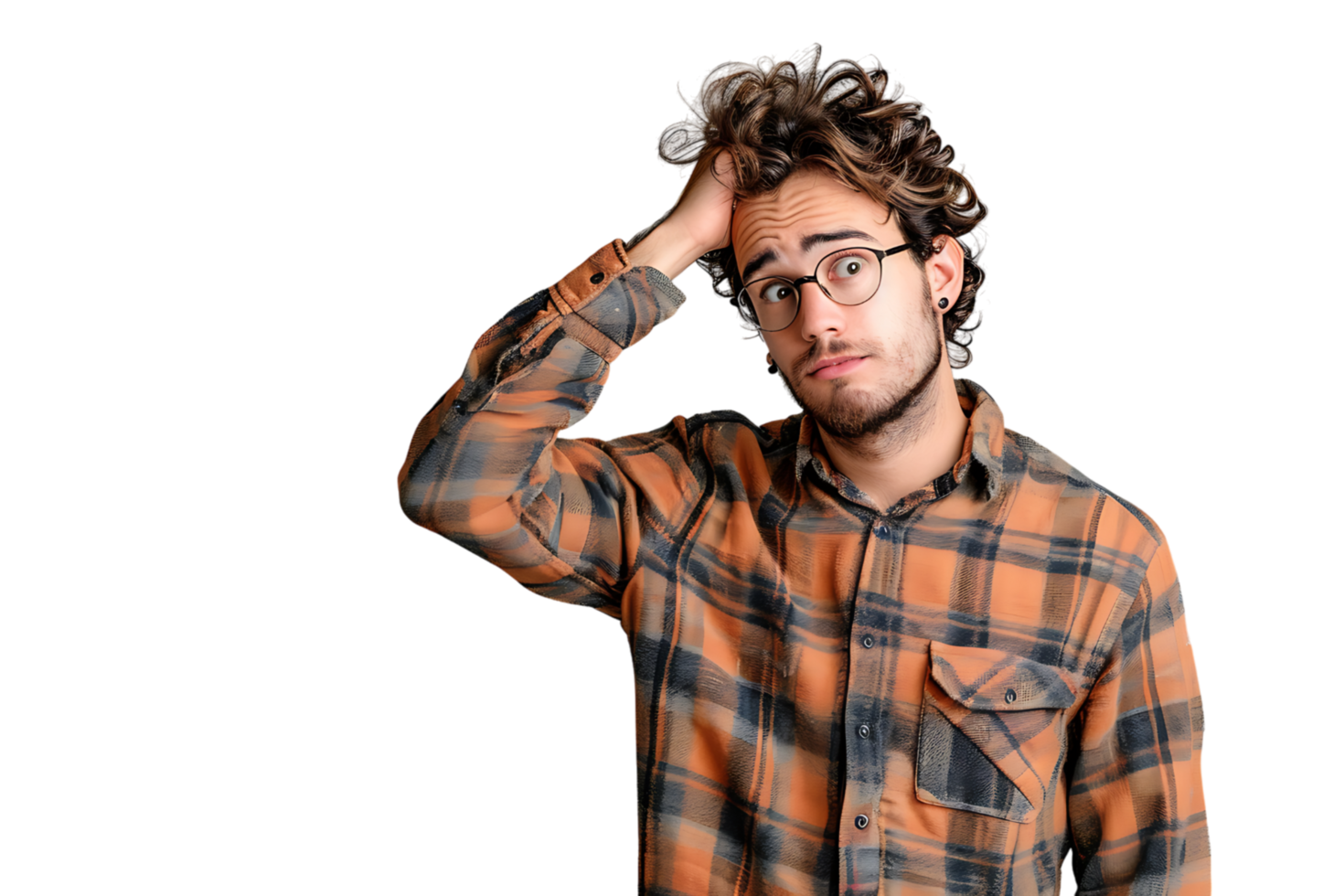 Young doubtful man thinking, scratching head and trying to find solution on isolated transparent background png