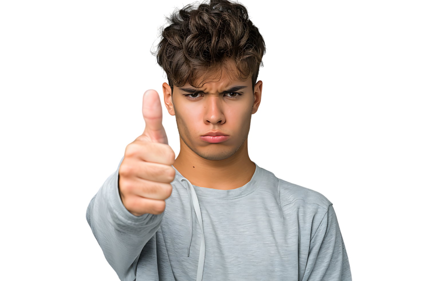 Unhappy man doing thumbs up on isolated transparent background png