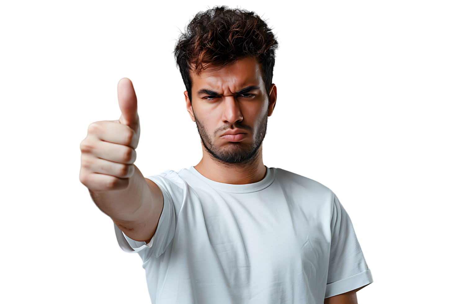 Unhappy man doing thumbs up on isolated transparent background png