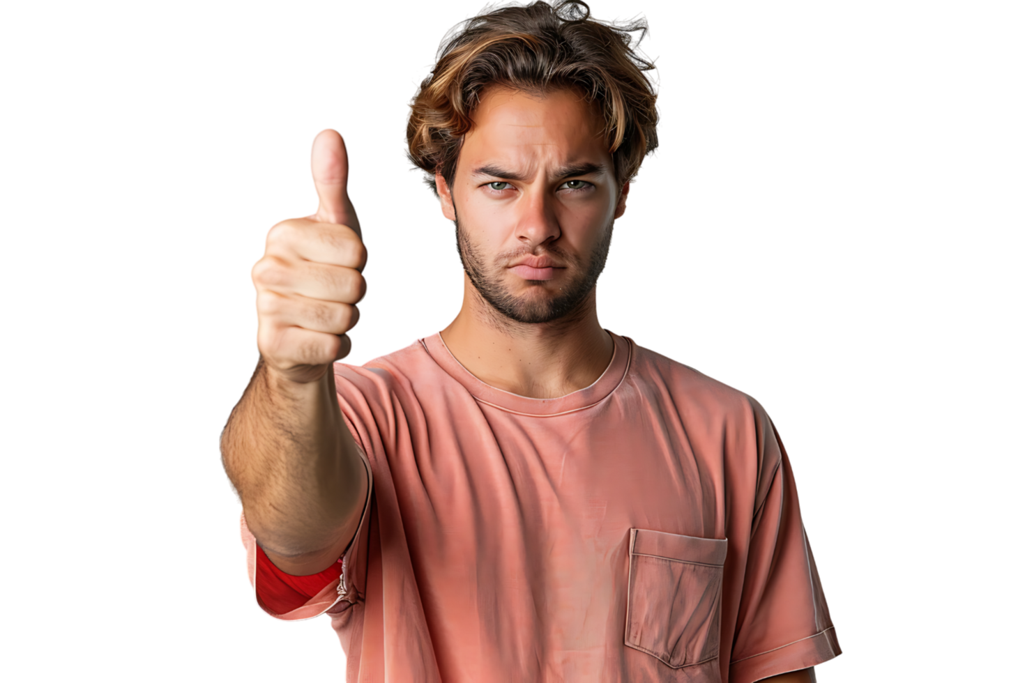 Unhappy man doing thumbs up on isolated transparent background png