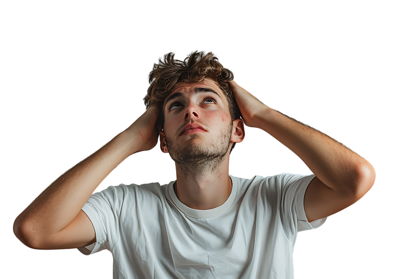 Young doubtful man thinking, scratching head and trying to find solution on isolated transparent background png