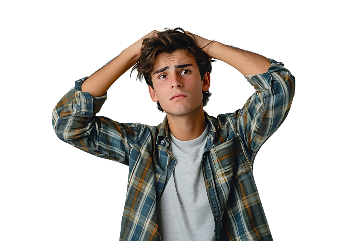 Young doubtful man thinking, scratching head and trying to find solution on isolated transparent background png