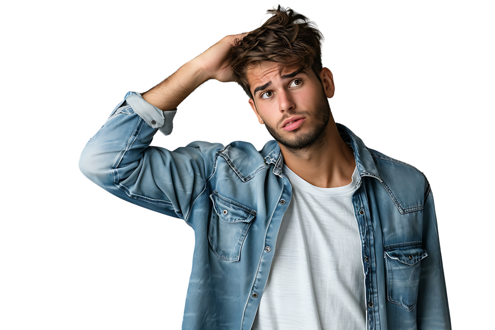 Young doubtful man thinking, scratching head and trying to find