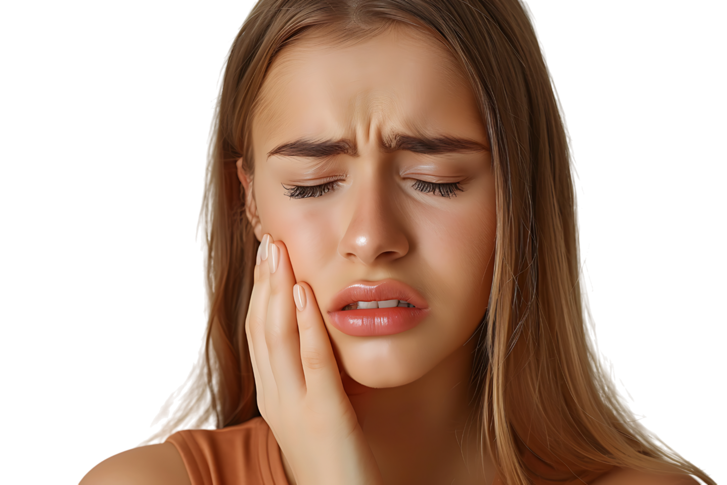 young male holding her cheek with hand, suffering from bad tooth ache on isolated transparent background png