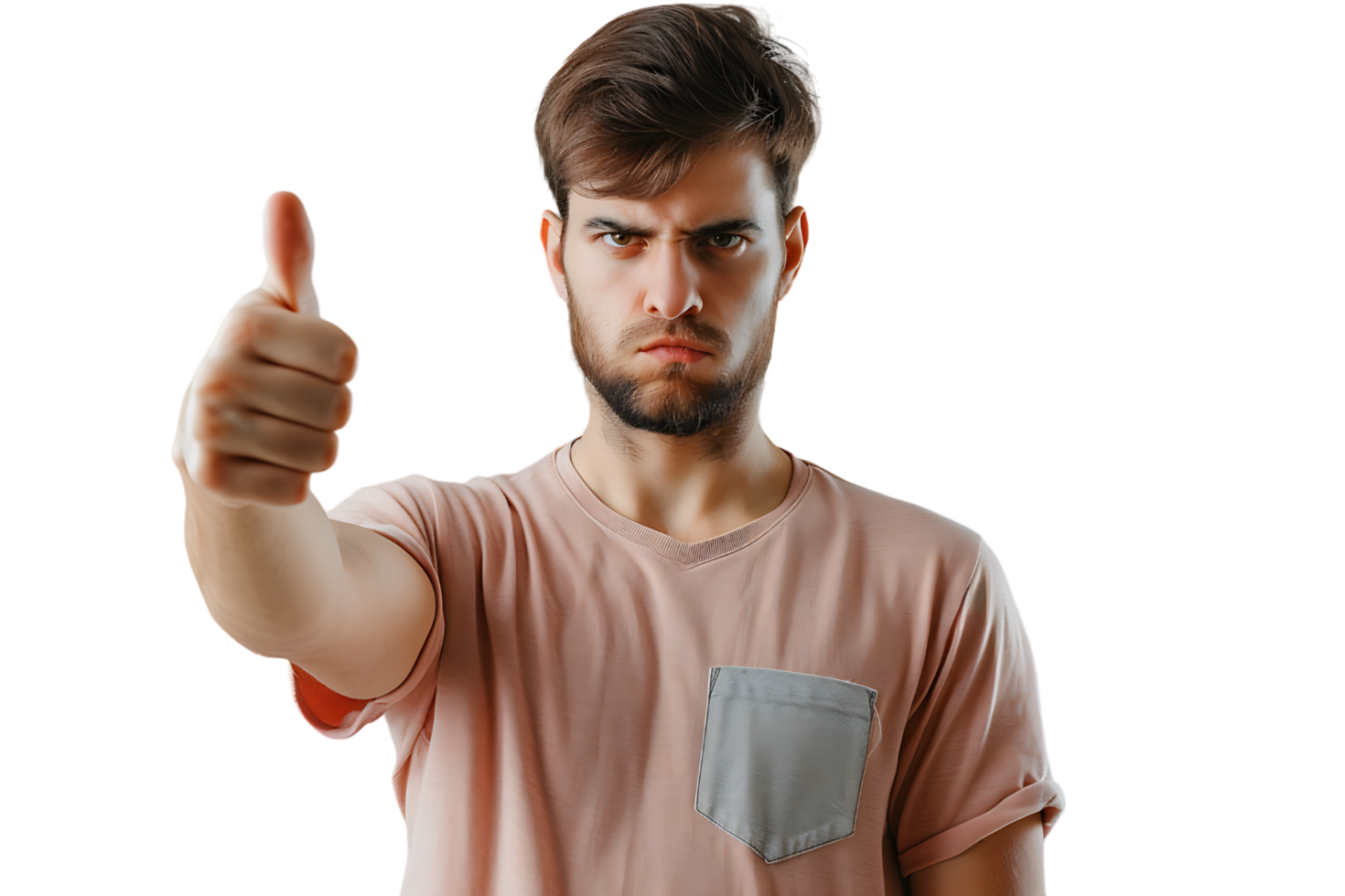 Unhappy man doing thumbs up on isolated transparent background png