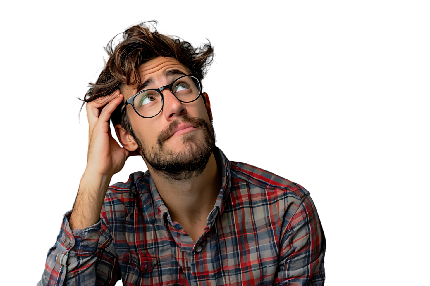 Young doubtful man thinking, scratching head and trying to find solution on isolated transparent background png