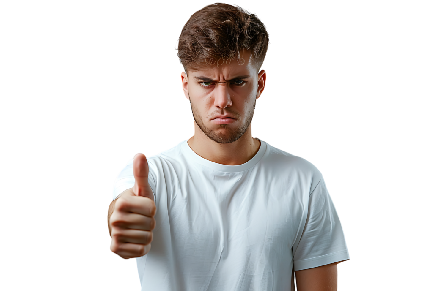 Unhappy man doing thumbs up on isolated transparent background png